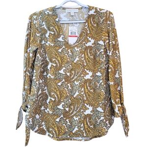 Michael Kord Saffron, Paisley Print V-Neck Blouse With Tie Knot Sleeves